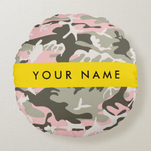 Cojín Redondo Camuflaje rosa y verde Personaliza tu nombre