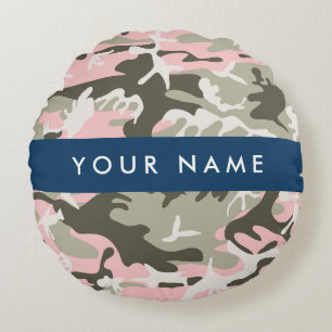 Cojín Redondo Camuflaje rosa y verde Personaliza tu nombre