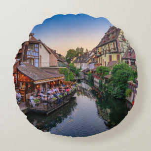 Cojín Redondo Canal de agua de flores de Alsacia Francia