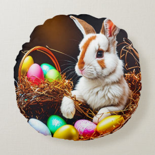 Cojín Redondo Canasta y huevos de conejo de Pascua 