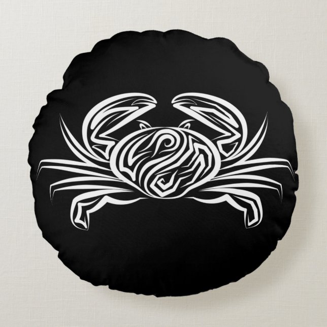 Cojín Redondo Cangrejo tribal blanco y negro (Anverso)