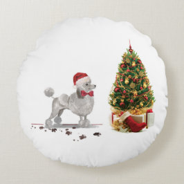 Cojín Redondo Caniche Gris Perro Divertido de Navidad con Árbol