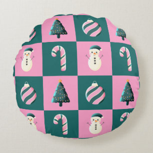 Cojín Redondo Cañón de árbol de navidad bauble snowman rosa
