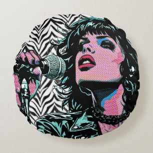 Cojín Redondo Cantante de Pop Art Rosa Teal Rocker Punk Amantes