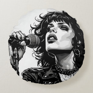 Cojín Redondo Cantante gótica punk chica gráfico retro cómic BW