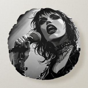 Cojín Redondo Cantante gótica punk de estilo gráfico de cómic BW