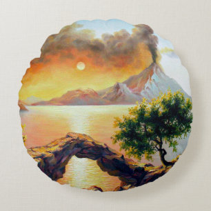 Cojín Redondo Capa marina con erupción del volcán, aceite sobre 