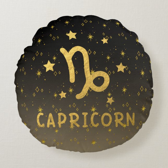 Cojín Redondo Capricornio Zodiac Black and Gold Round Pillow (Anverso)