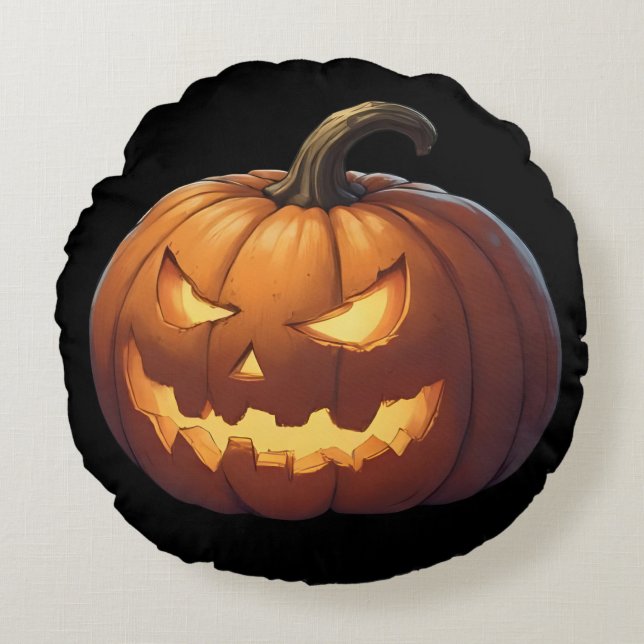 Cojín Redondo Cara de calabaza asustada (Anverso)