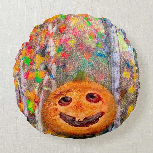 Cojín Redondo Cara de calabaza de Halloween Feliz (Anverso)
