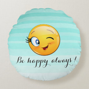 Cojín Redondo Cara de Emoji guiñando adorable - Sé feliz siempre