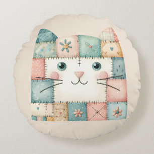 Cojín Redondo Cara de Gatito de Cabaña Pastel de Parche Quilt Fa