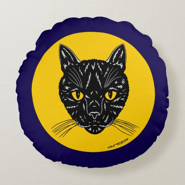 Cojín Redondo Cara de Gato Negro (Anverso)