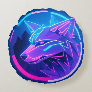 Cojín Redondo Cara de Lobo Neon en Estilo Geométrico Futurista �