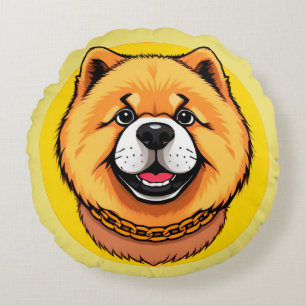 Cojín Redondo Cara de perro Chow Chow sonriente y cadena dorada