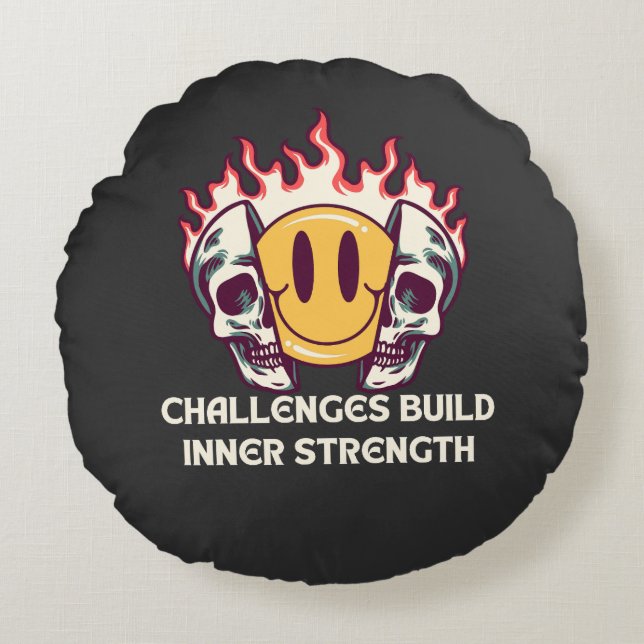 Cojín Redondo Cara sonriente en llamas con cráneos - Posada moti (Anverso)