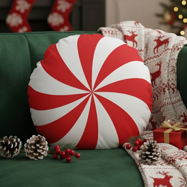 Cojín Redondo Caramelo de menta con remolino Rojo Navidad Fiesta (Peppermint Candy Swirl Red Christmas Holiday Round Pillow
)