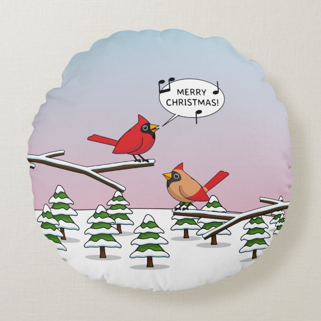 Cojín Redondo Cardenal rojo curado canta Feliz Navidad (Anverso)