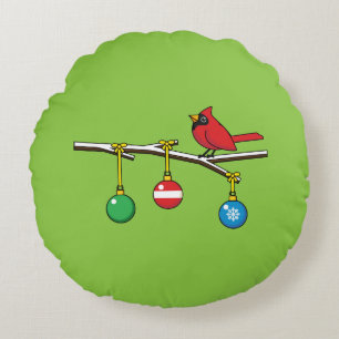 Cojín Redondo Cardenal rojo en la rama desnuda de los Navidades