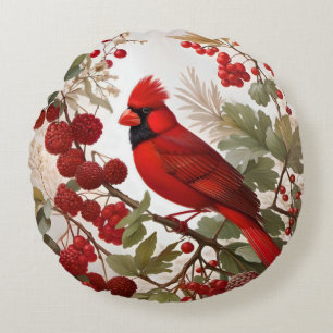 Cojín Redondo Cardenales del norte de Bird Red Berries