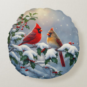 Cojín Redondo Cardenales rojos y Holly en la nieve