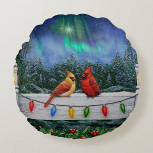 Cojín Redondo Cardenales y Navidades iluminan la nieve de invier