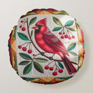 Cojín Redondo Cardinal Bird Quilt, tarjeta roja vibrante de Cojí