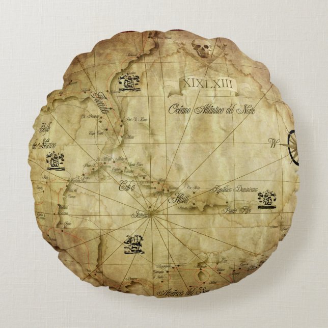 Cojín Redondo Caribe - mapa antiguo (Anverso)