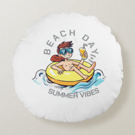 Cojín Redondo Caricatura de Beach Day en el anillo inflable