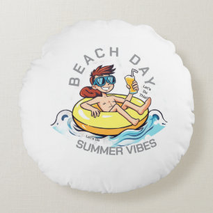 Cojín Redondo Caricatura de Beach Day en el anillo inflable