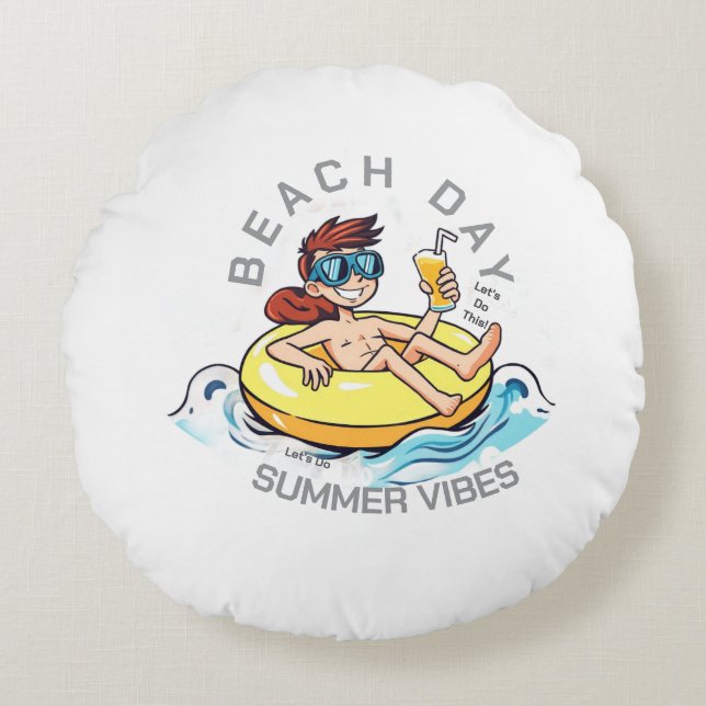 Cojín Redondo Caricatura de Beach Day en el anillo inflable (Anverso)