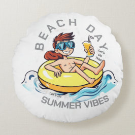 Cojín Redondo Caricatura de Beach Day en el anillo inflable