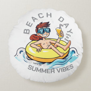 Cojín Redondo Caricatura de Beach Day en el anillo inflable