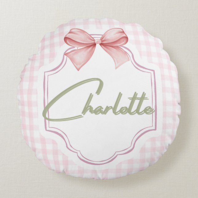 Cojín Redondo Carlota Personalizada Rosa Bow & Gingham Print (Anverso)