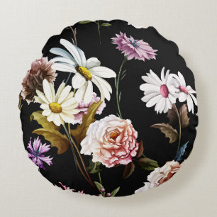 Cojín Redondo Carnación, flores de camomila, patrón negro.