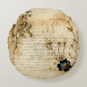 Cojín Redondo Carta de amor de pergamino vintage con flores (5)