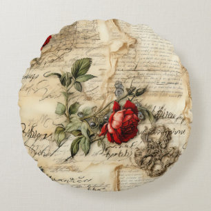 Cojín Redondo Carta de amor en pergamino vintage con flores