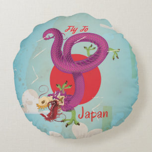 Cojín Redondo Cartel de viaje clásico del dragón de Japón