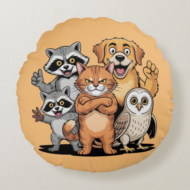 Cojín Redondo Cartoon Animal Friends Team Illustration (Anverso)