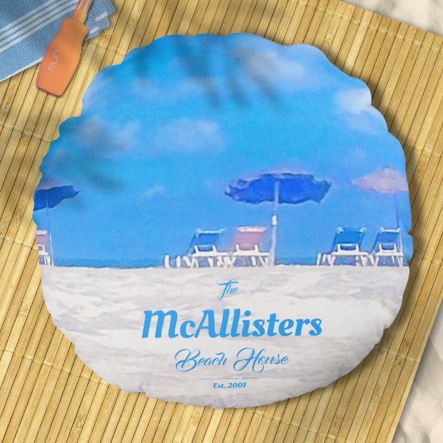 Cojín Redondo Casa de Playa Costera Azul Personalizada (Subido por el creador)