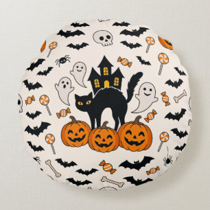 Cojín Redondo Casa embrujada de gato negro y calabaza de Hallowe