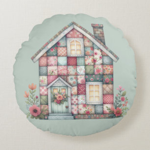 Cojín Redondo Casa floral cottagecore de falso patchwork