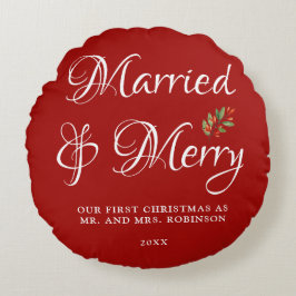 Cojín Redondo Casados y Alegres Nuestro primer Navidad Casados R