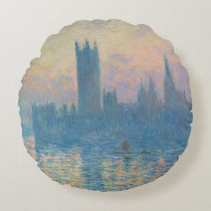 Cojín Redondo Casas del Parlamento de Claude Monet Puesta de sol