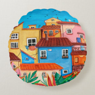Cojín Redondo Casas italianas. Mano de Gouache