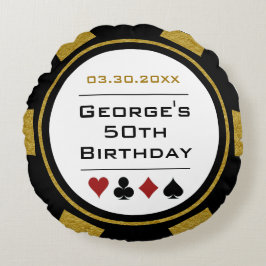 Cojín Redondo Casino Poker Chip Black and Gold Birday