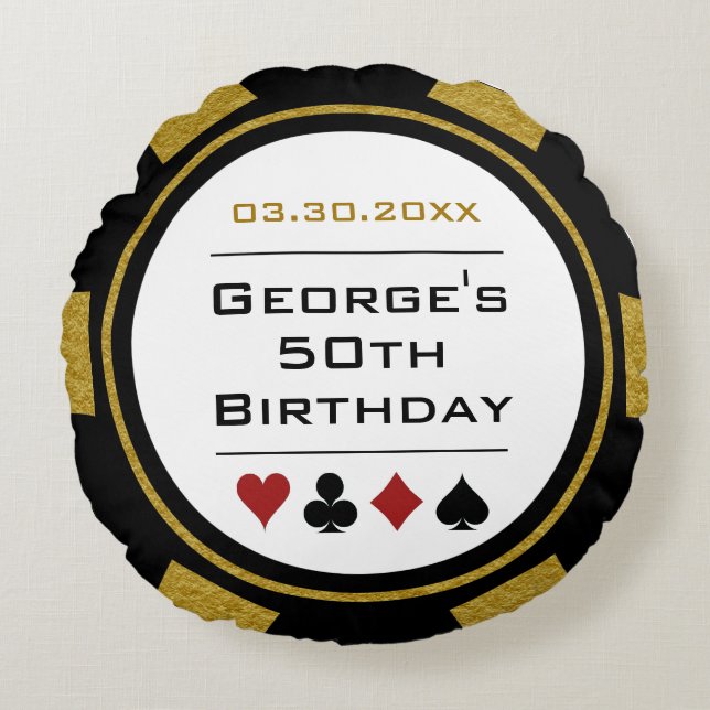 Cojín Redondo Casino Poker Chip Black and Gold Birday (Anverso)