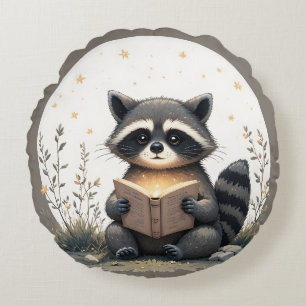 Cojín Redondo Casitaencantada Mapache Leyendo Libro BosqueMágico