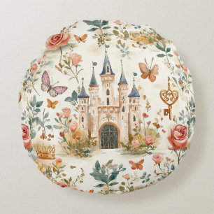 Cojín Redondo Castillo Medieval Vintage Floral Fantasía Mariposa