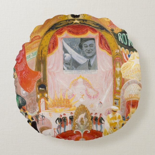 Cojín Redondo Catedrales de Broadway por Florine Stettheimer (Anverso)